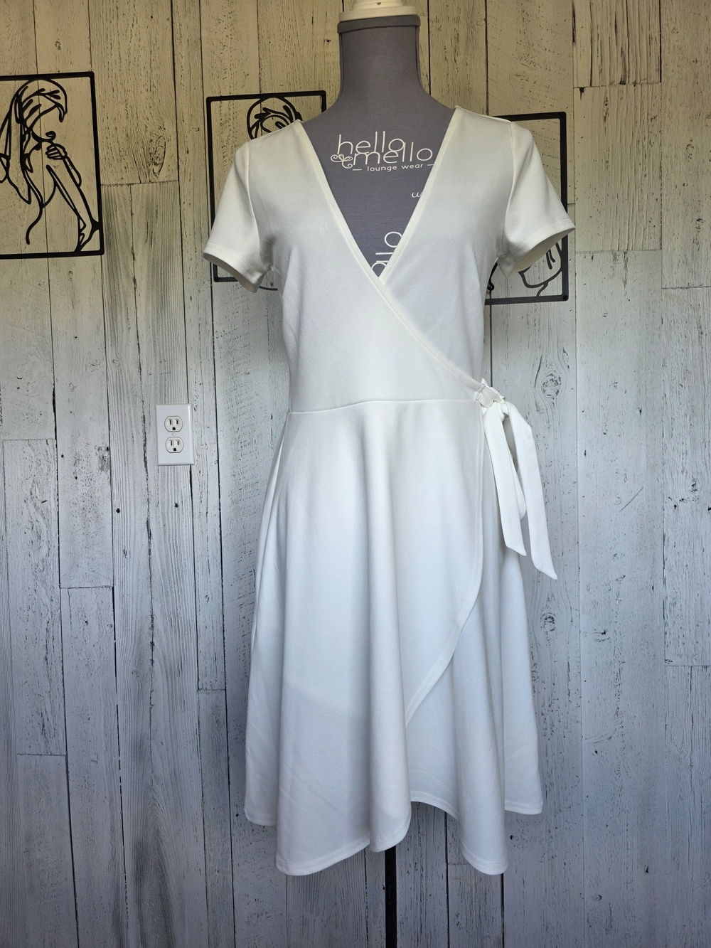 Revamped Ivory Faux Wrap Midi Dress | XL | Short Sleeve Tie Waist